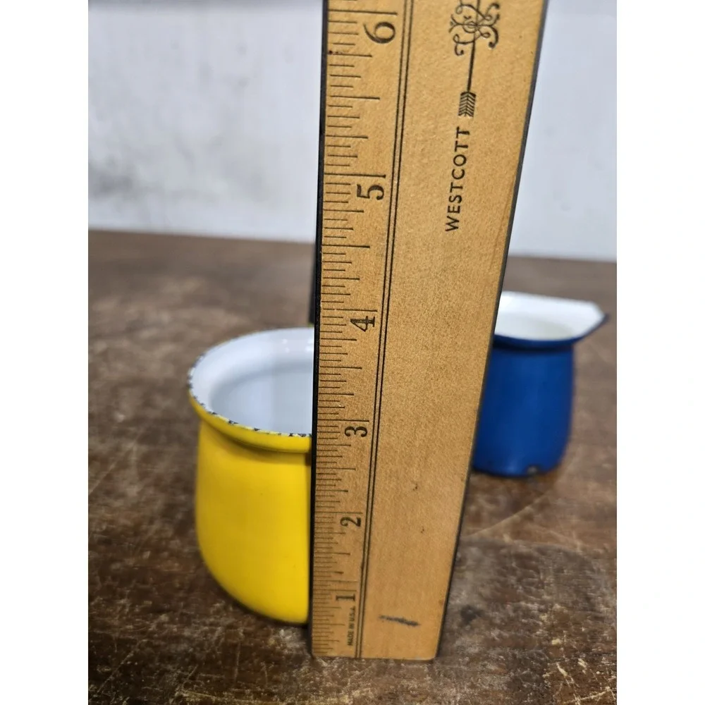 Vintage Enamelware Pouring Pots Set of 3 Green Yellow Blue Long Handle